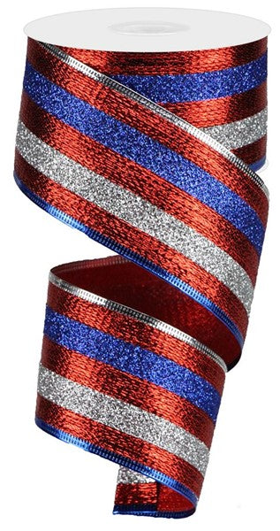 2.5 inch wide glittery red, blue, and silver striped ribbon on a white spool.