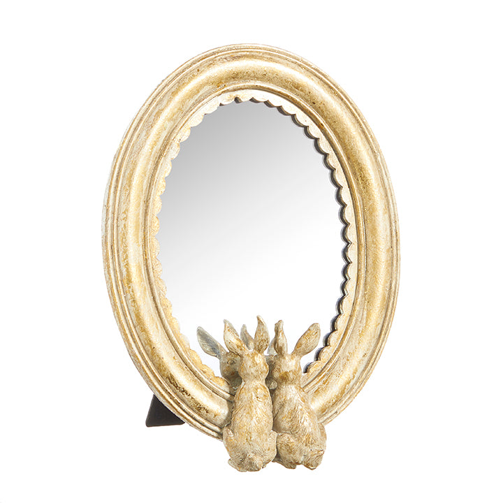 Eight-inch gold rabbit mirrored decor piece with soft natural stone powder finish.