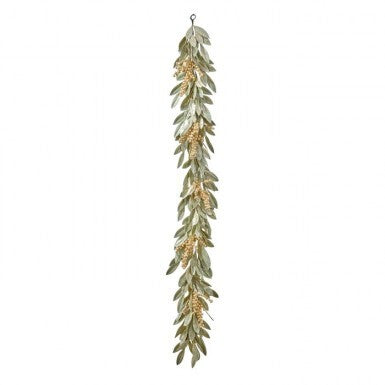 60-inch gold berry bay leaf garland with shimmering gold berries and green leaves.