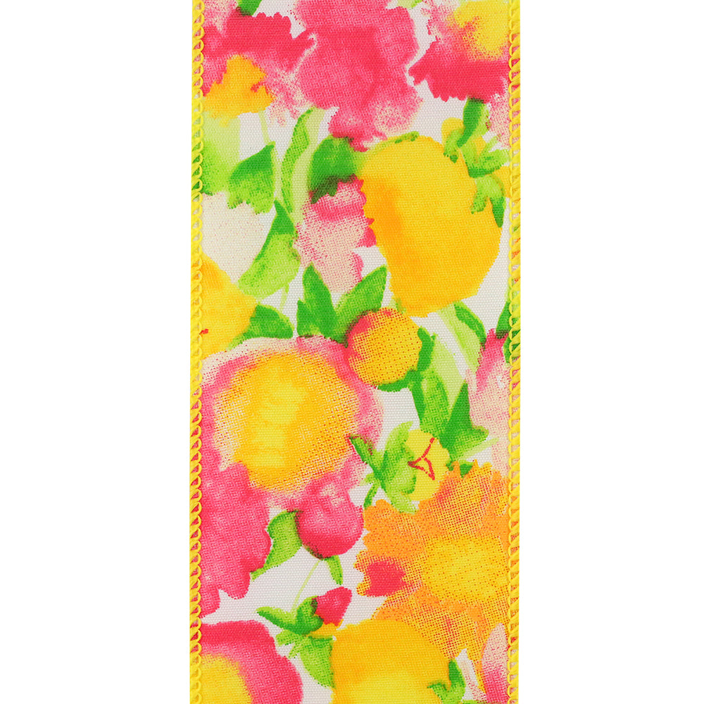 Bright yellow wired-edge floral ribbon with an impressionist-style pattern.