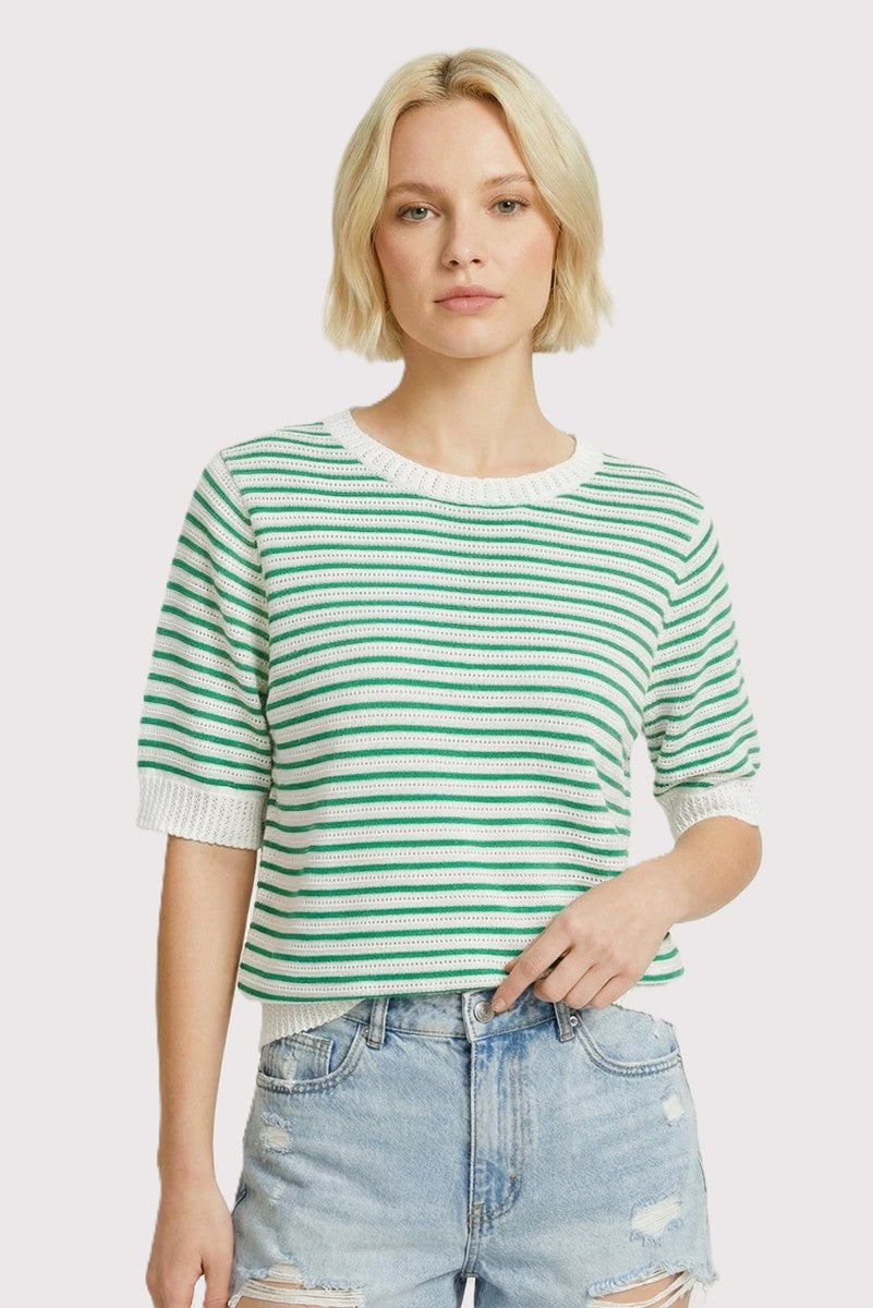 Millie Pointelle striped crew neck half-sleeve sweater in cotton with a relaxed silhouette.