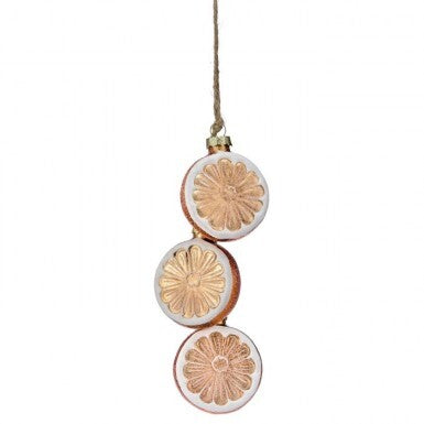 9-inch glass ornament featuring a vertical cluster of three orange slices with white rinds.