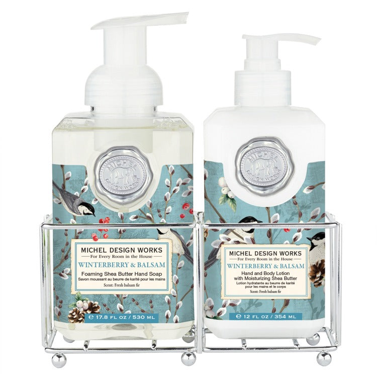 Hand Care Caddy containing foaming hand soap and lotion bottles.