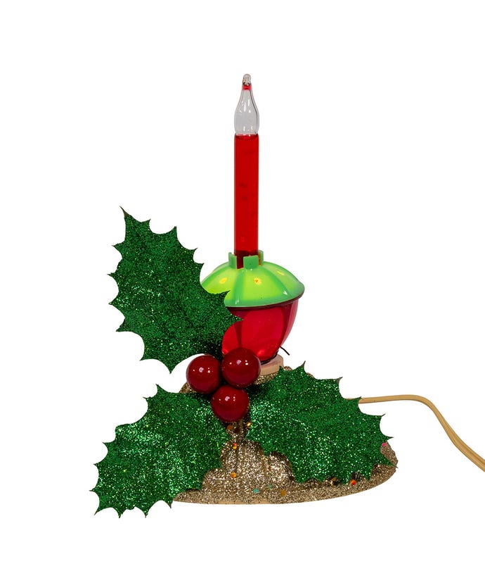 6.7-inch copper plastic candelabra with three holly berry bubble lights on a nine-foot wire.