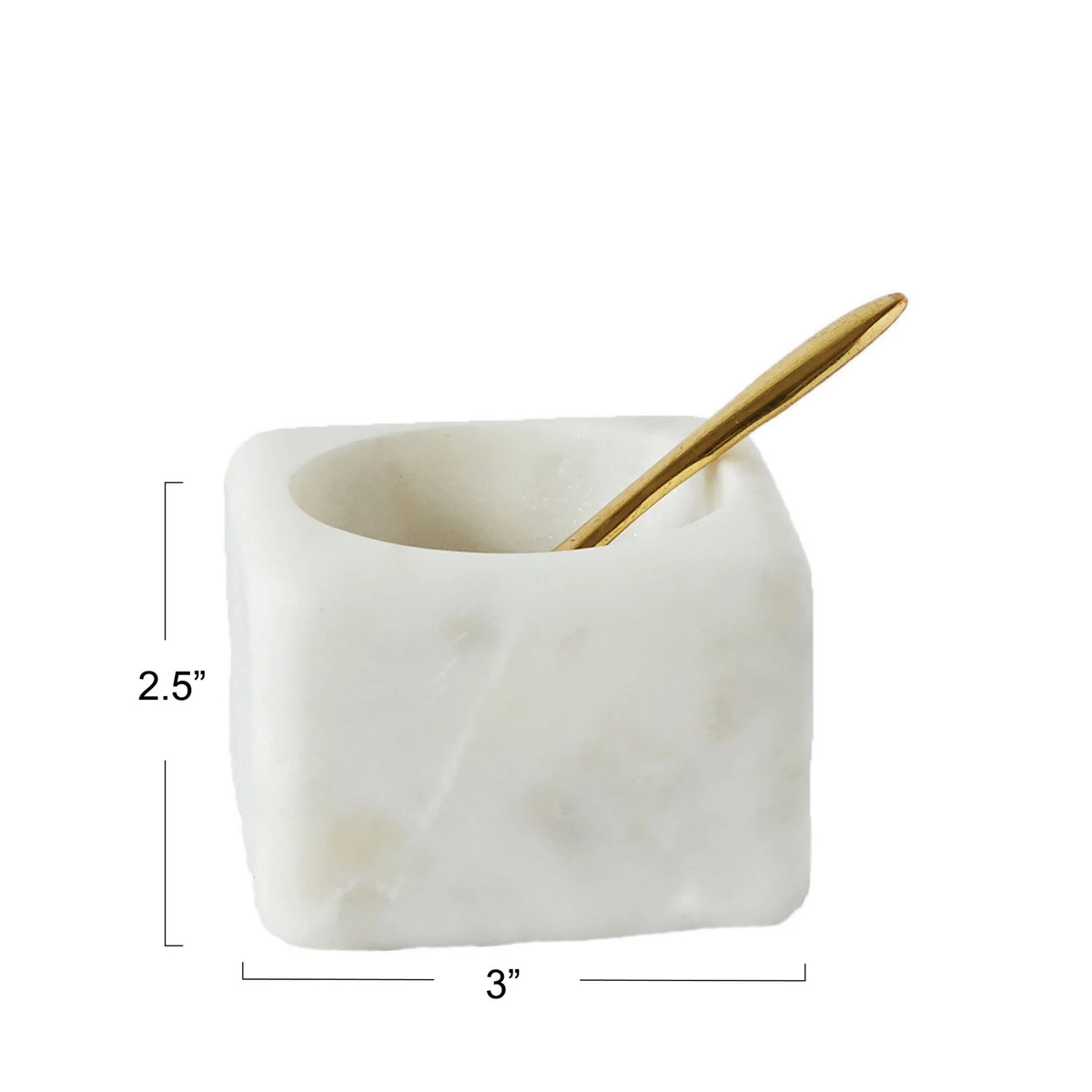 White marble square bowl with a small brass spoon inside, measuring 3 inches by 2.5 inches.