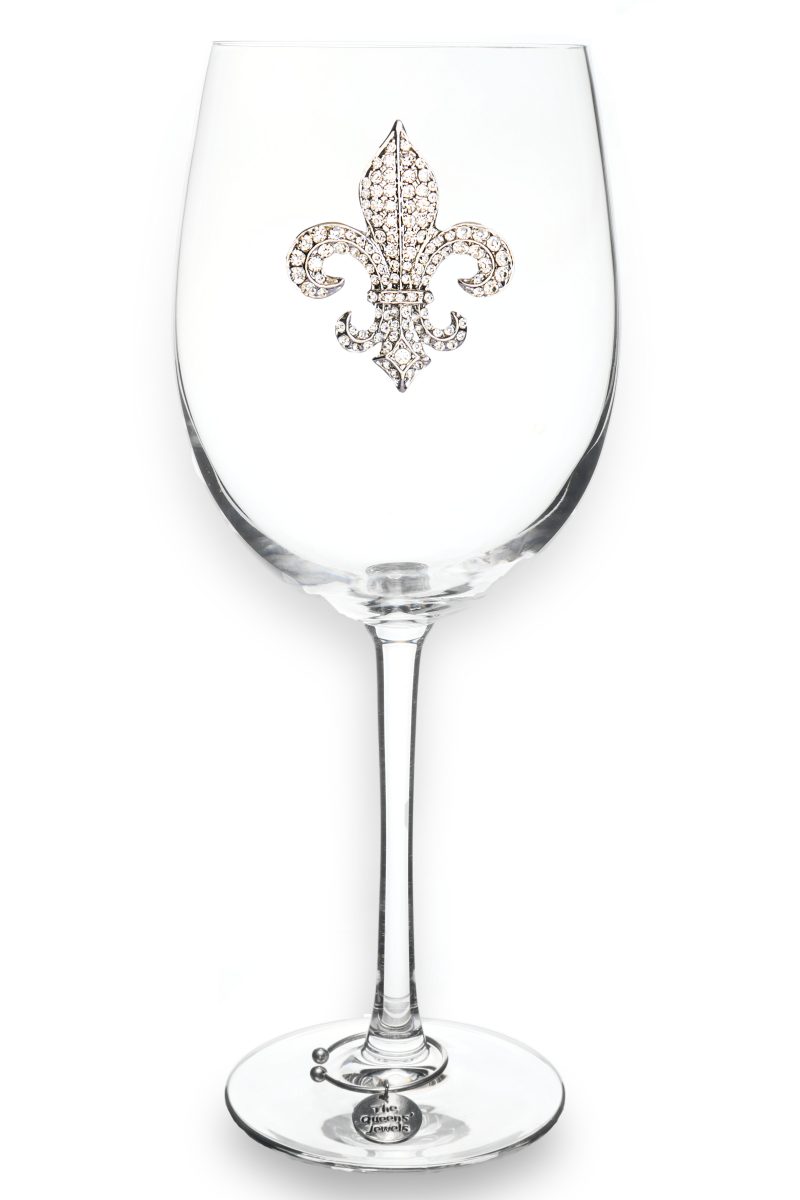 Handcrafted glass wine stem with a diamond-cut bowl featuring an embossed fleur-de-lis pattern and jeweled accents.