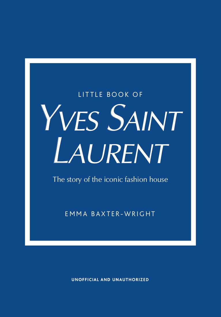 Hardcover book titled Little Book of Yves Saint Laurent with a black cover featuring white text and gold foil detailing.