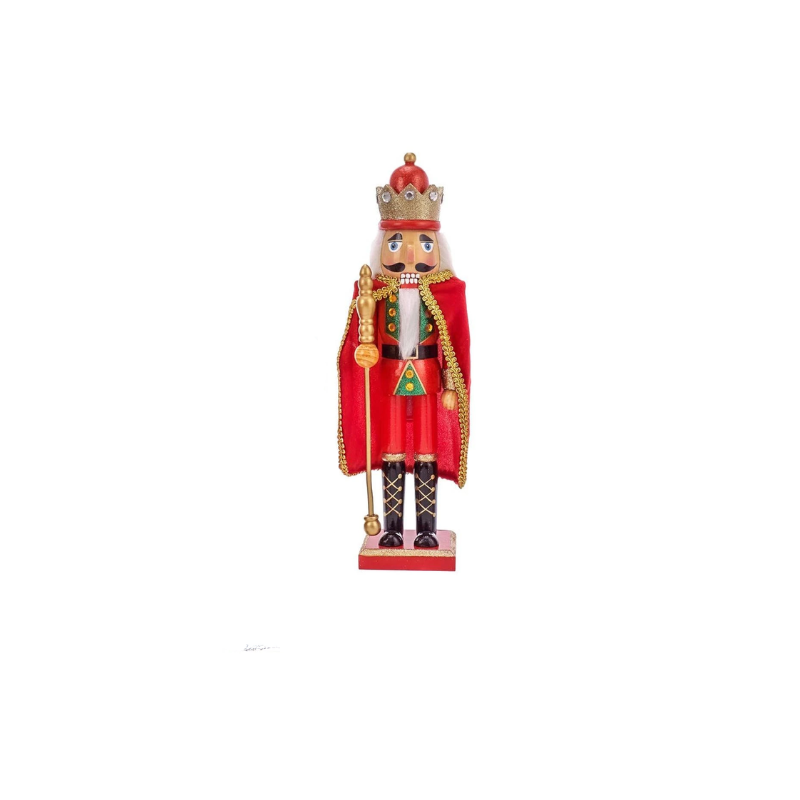 15-inch wooden king nutcracker with a red cape, gold crown, and scepter on a red base.