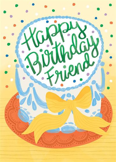 Illustration of a white birthday cake with blue icing, a yellow bow, and Happy Birthday Friend text.