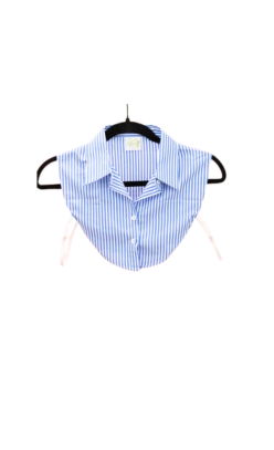 Blue and white striped detachable faux collar with buttons and elastic side straps on a hanger.