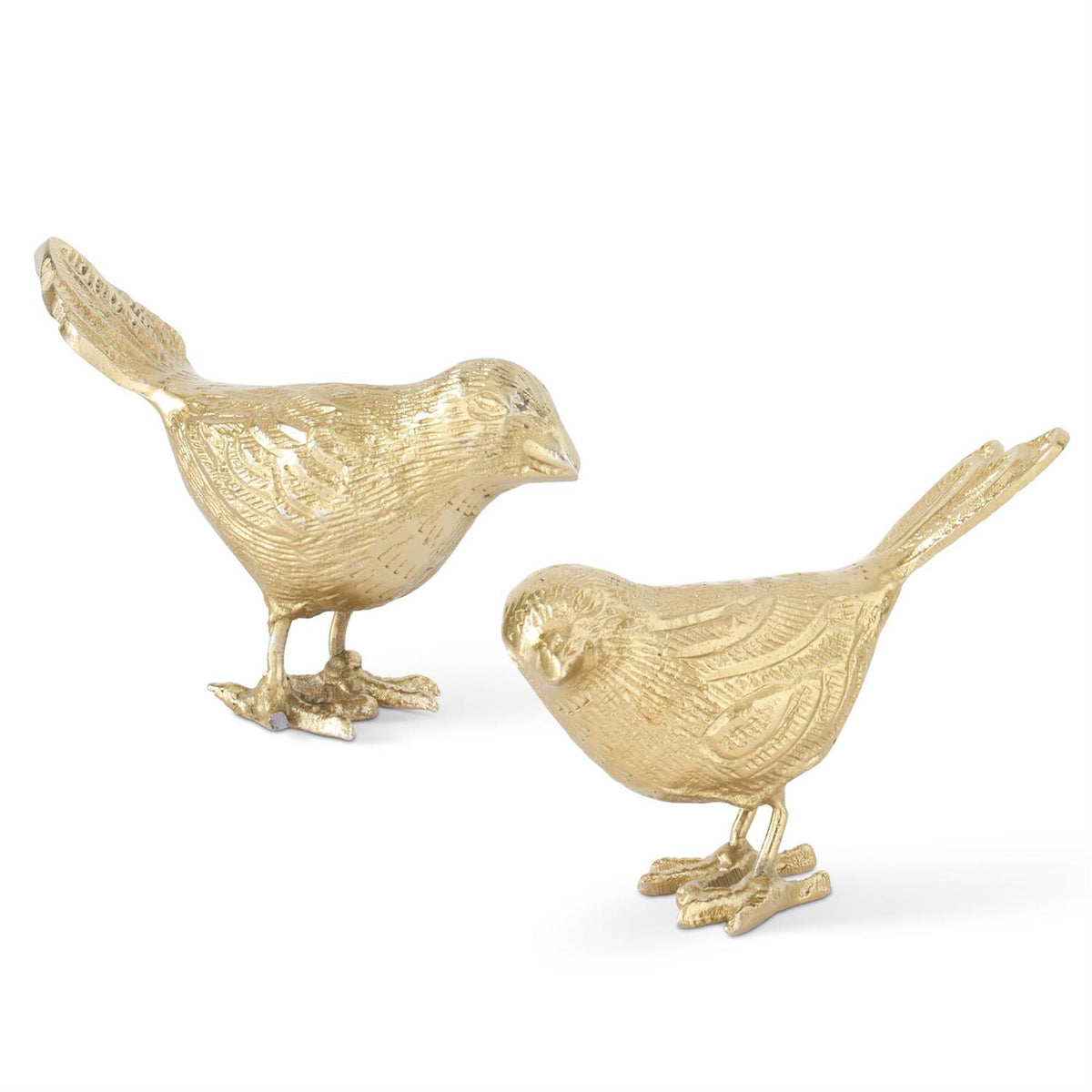 Antiqued gold aluminium bird sculpture facing left with a detailed wing pattern.