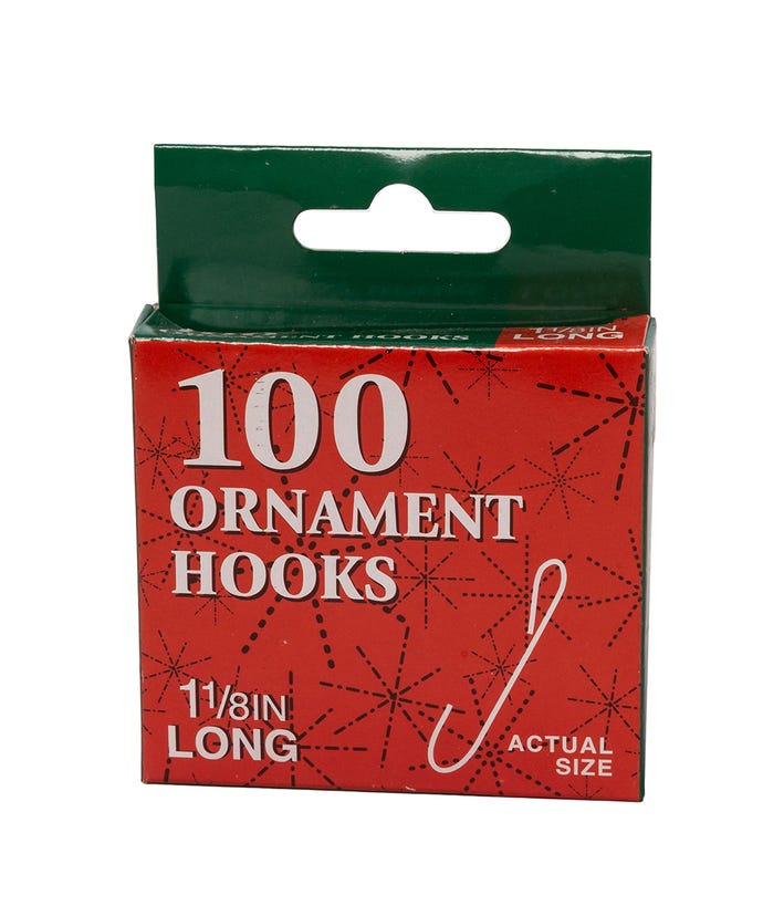 Box of 100 metal Christmas ornament hooks, 1 1/8 inches long, in red and green packaging.