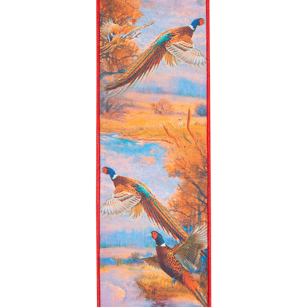 Pheasant Horizon Dupioni wired edge ribbon featuring flying pheasants over a rustic landscape.