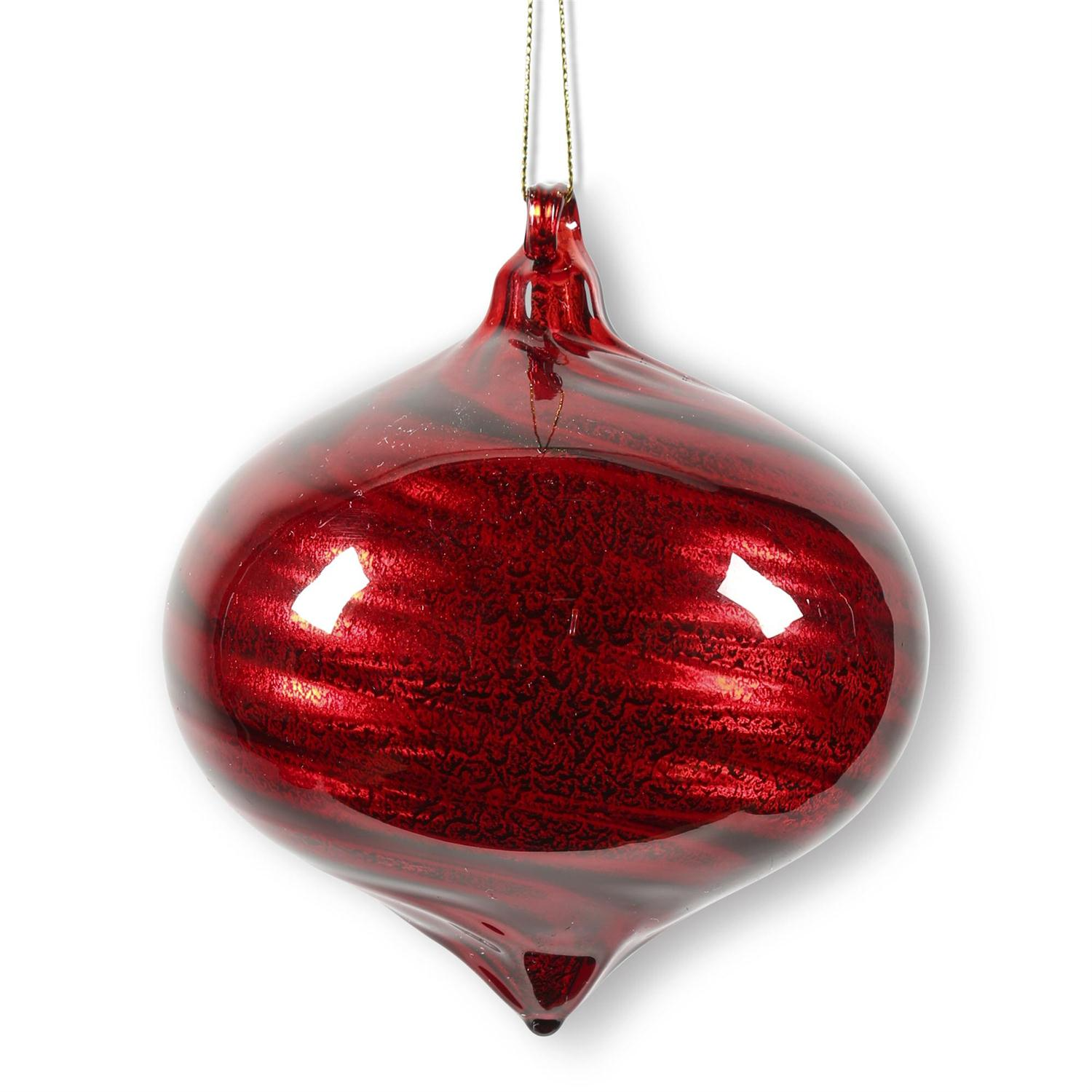 4-inch red glass onion-shaped Christmas ornament with a subtle swirling ribbon pattern.