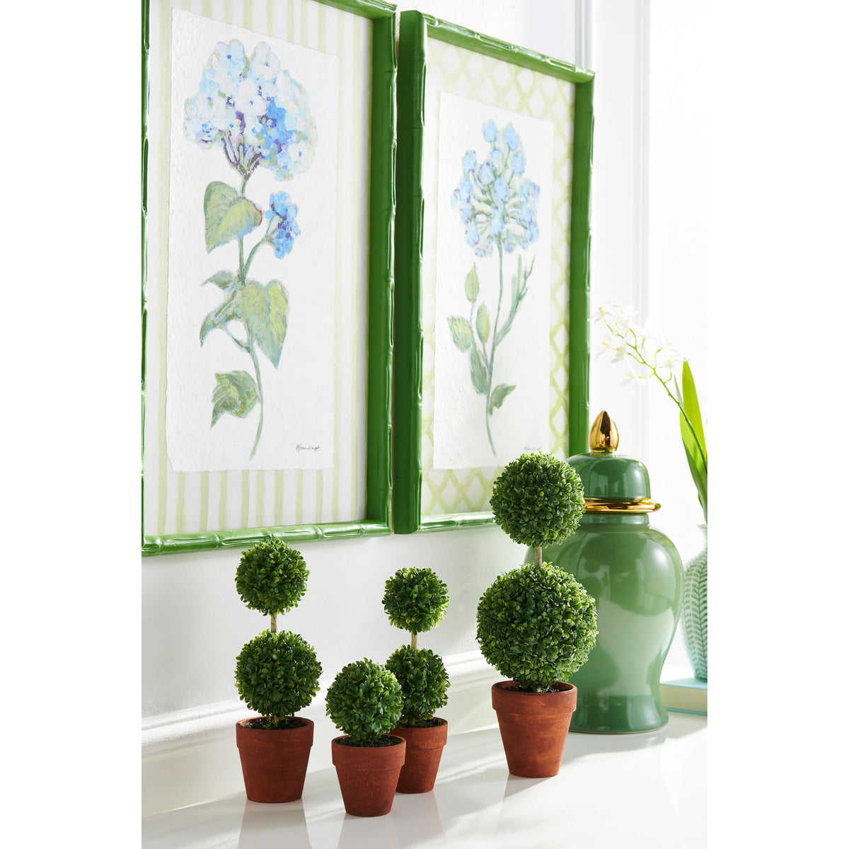 Azure Bloom floral print on fir wood frame, measuring 23.5 inches tall.