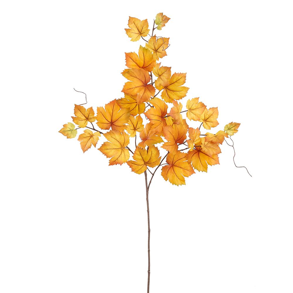 36-inch artificial grape leaf spray with vibrant orange and yellow autumn foliage on a brown stem.