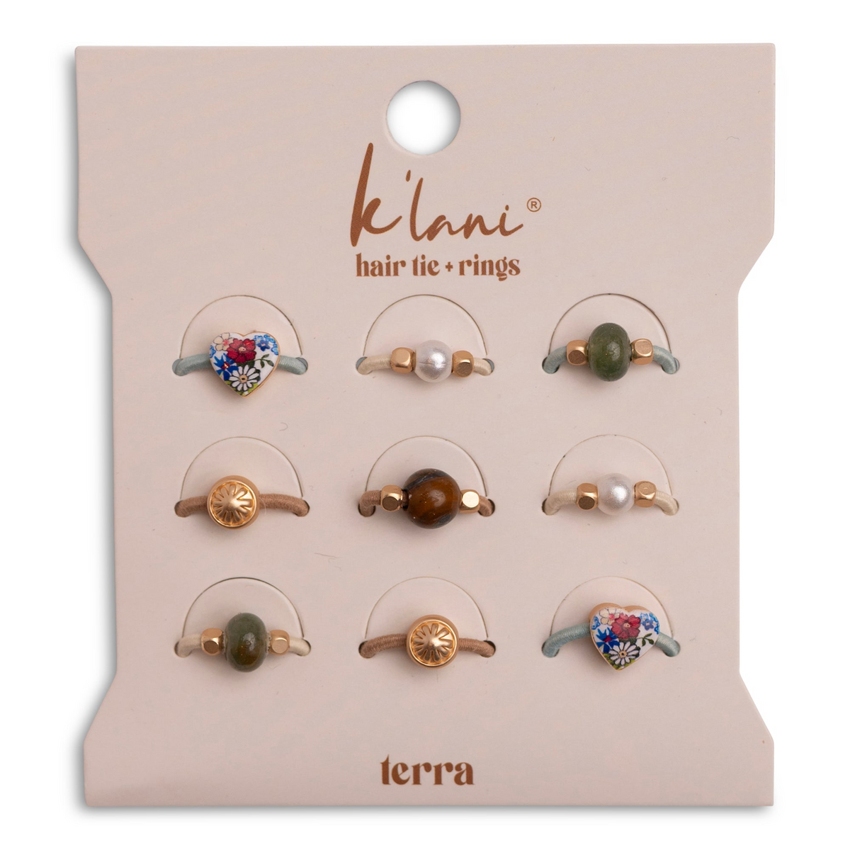 Terra Earth Tones set of 9 hair tie rings with floral hearts, pearls, and earthy stone beads.