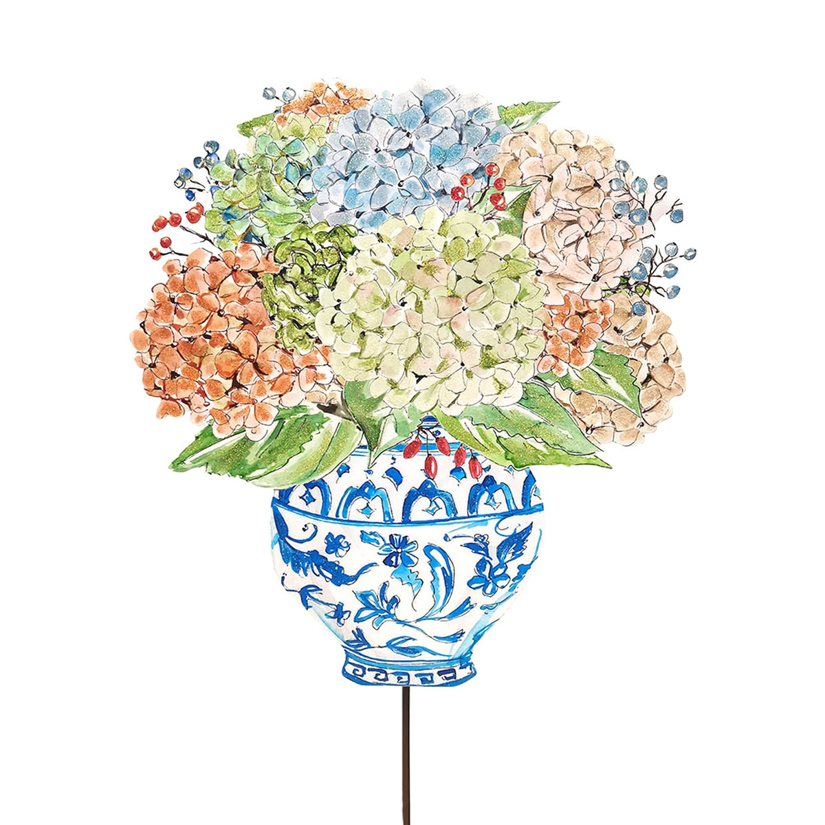 Autumn Hydrangea Vase garden stake featuring a blue and white patterned vase with colorful blooms.