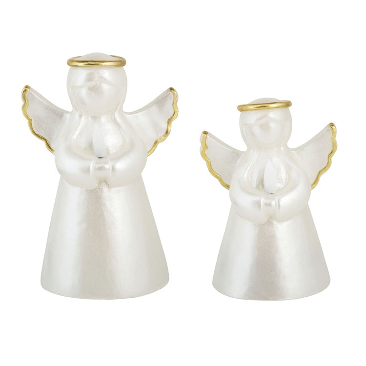 Two white pearlescent angel flameless candles with gold halos and wing trim in different sizes.