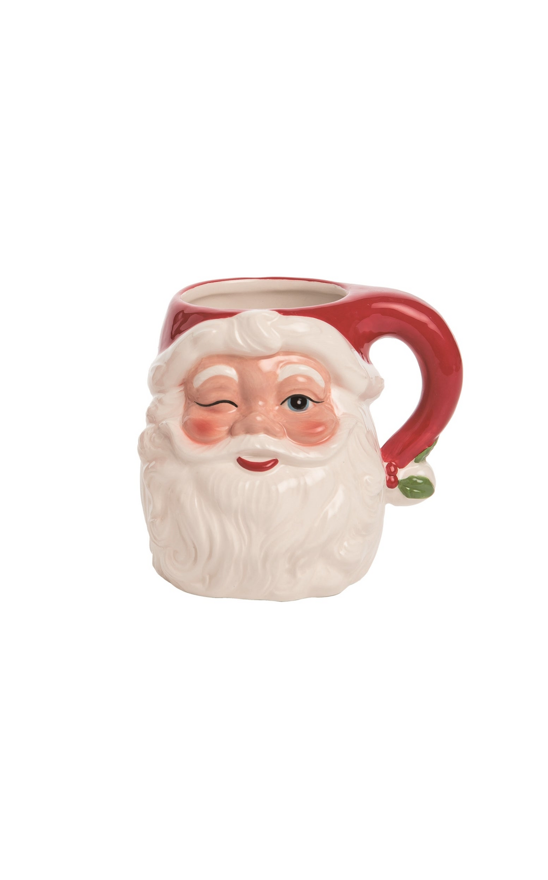 Vintage-style winking Santa Claus shaped dolomite mug with a red handle and white beard.