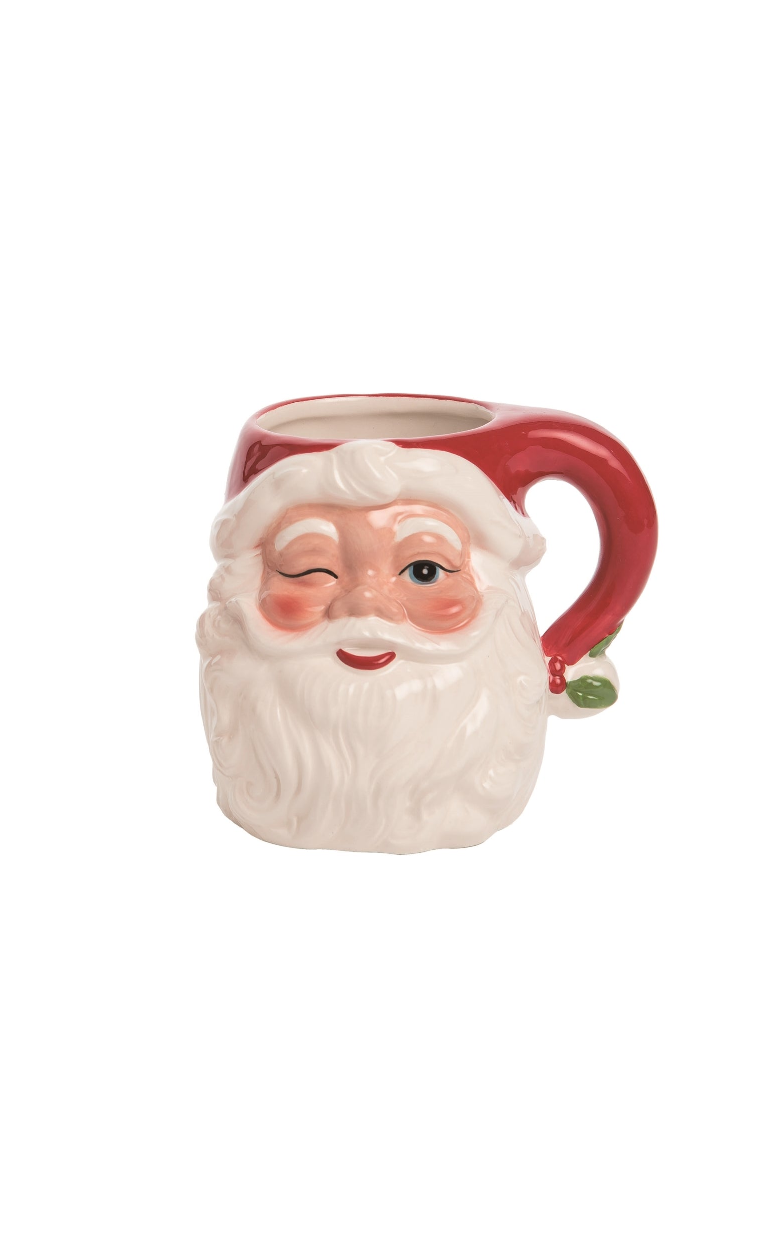 Vintage-style winking Santa Claus shaped dolomite mug with a red handle and white beard.