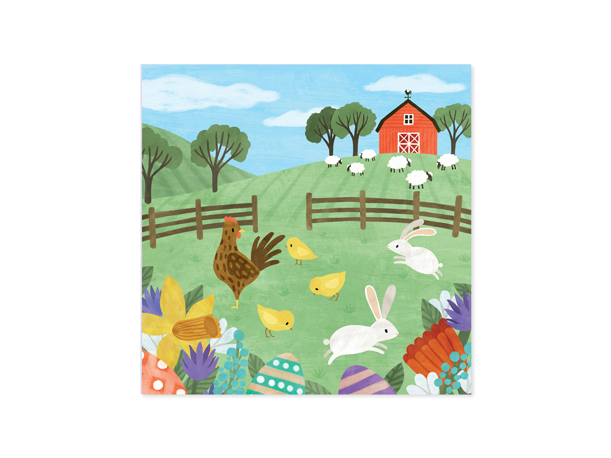 White Easter farm card with glitter finish, white pom-poms, and Happy Easter text inside.