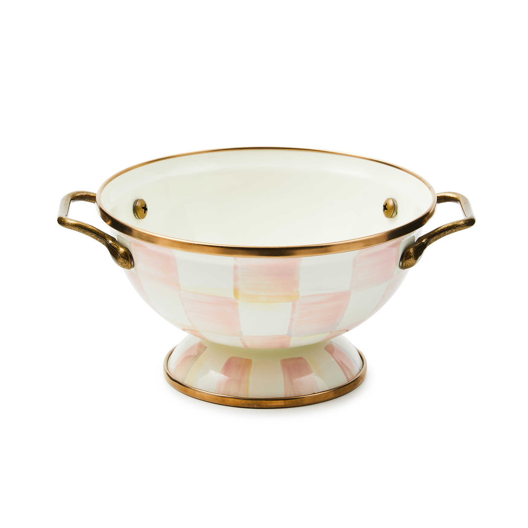 Hand-painted Rosy Check enamel bowl with bronzed stainless steel rims and antiqued brass handles.