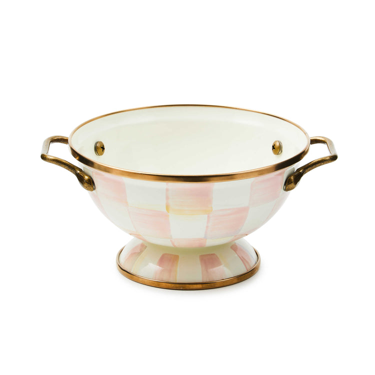 Hand-painted Rosy Check enamel bowl with bronzed stainless steel rims and antiqued brass handles.