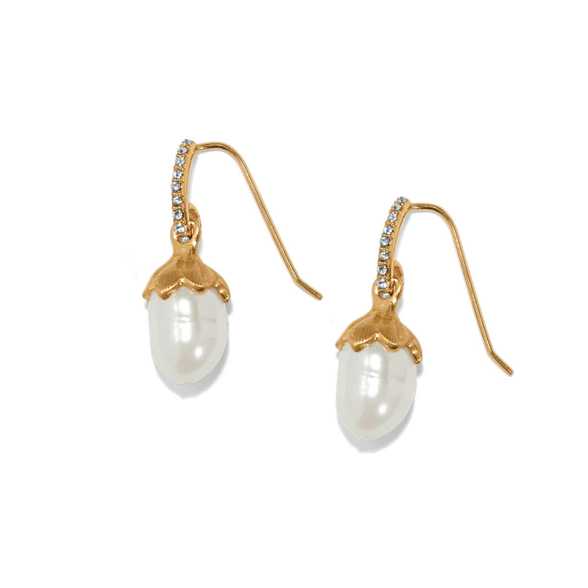 Everbloom gold-plated French wire earrings with crystal accents and white rice pearl drops.