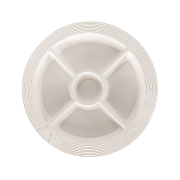 Top view of a white Pinstripes Melamine Divided Dish with four outer sections and a center well.
