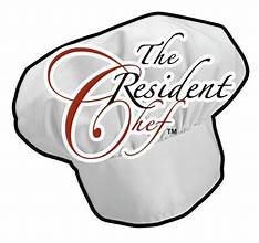 Logo for The Resident Chef featuring a white chef's hat with stylized red and black text.