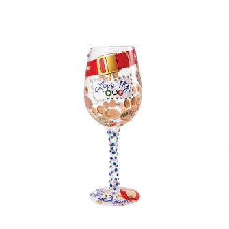 Colorful Lolita wine glass with hand-painted designs, glitter accents, and a cocktail recipe printed on the base.