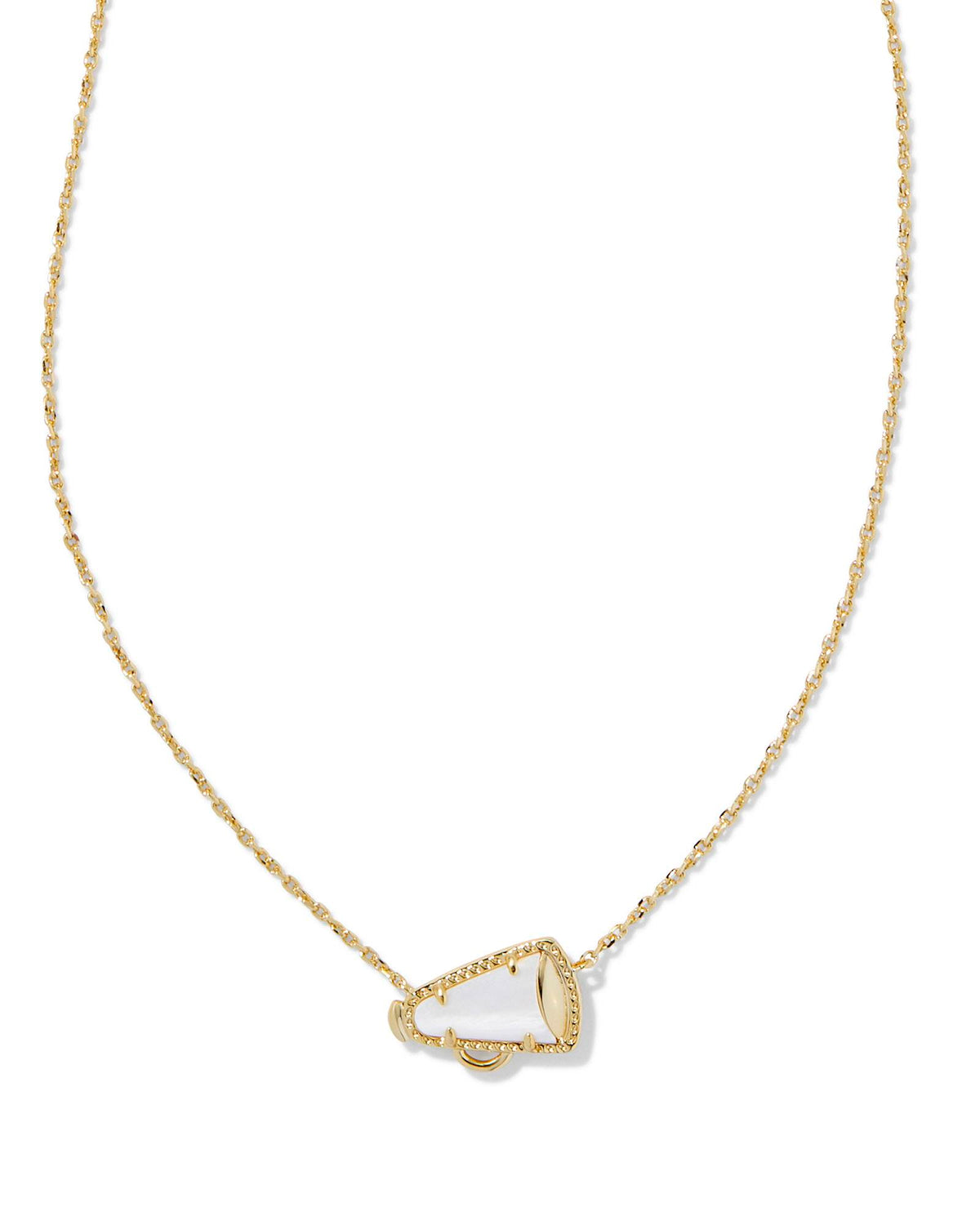 Cheer megaphone pendant necklace in gold with white mother of pearl inlay on a delicate chain.