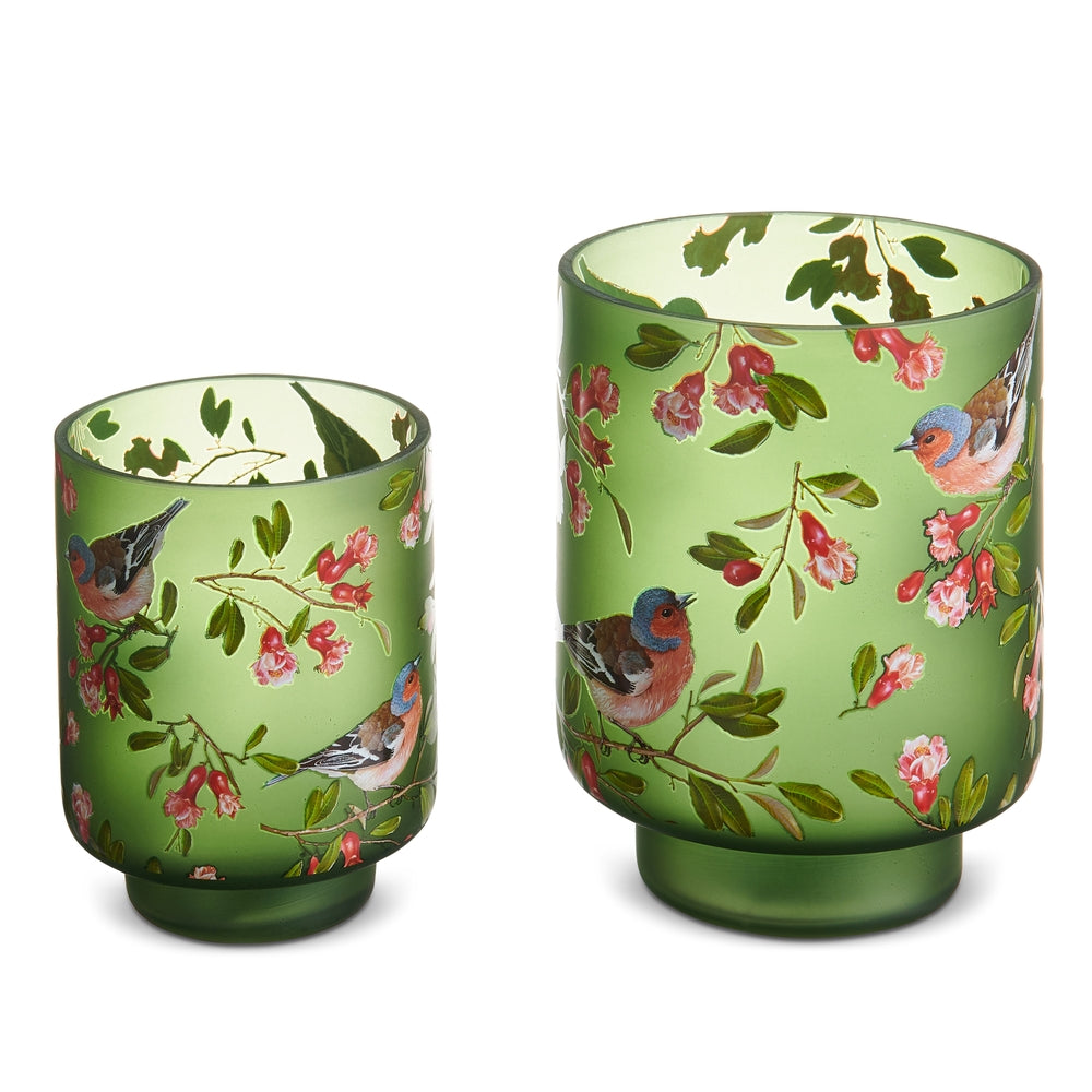 Glass bird-shaped container with floral pattern in neutral tones