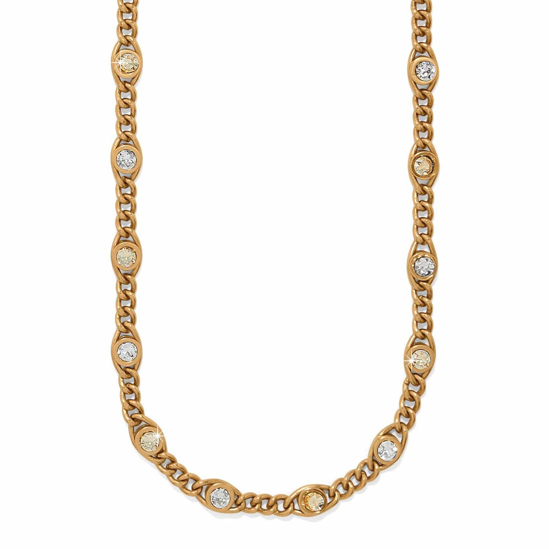 Gold-plated Trust Life Necklace with alternating clear and yellow crystals on a curb chain.