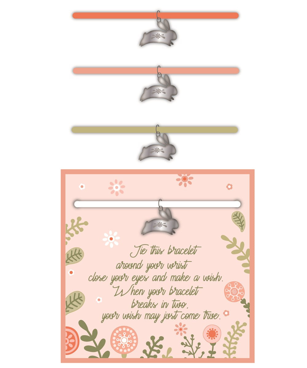 Bunny bracelet in polyester with metal accents featuring a sentiment card.