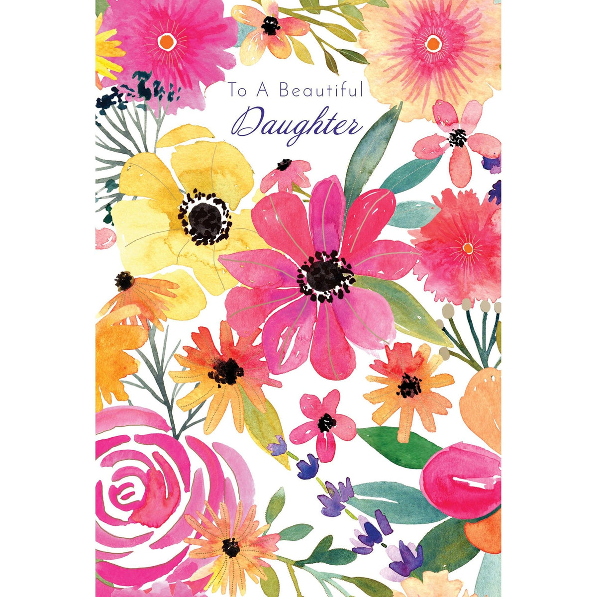 Pink foil greeting card with yellow flowers and glitter text wishing a daughter happy birthday.