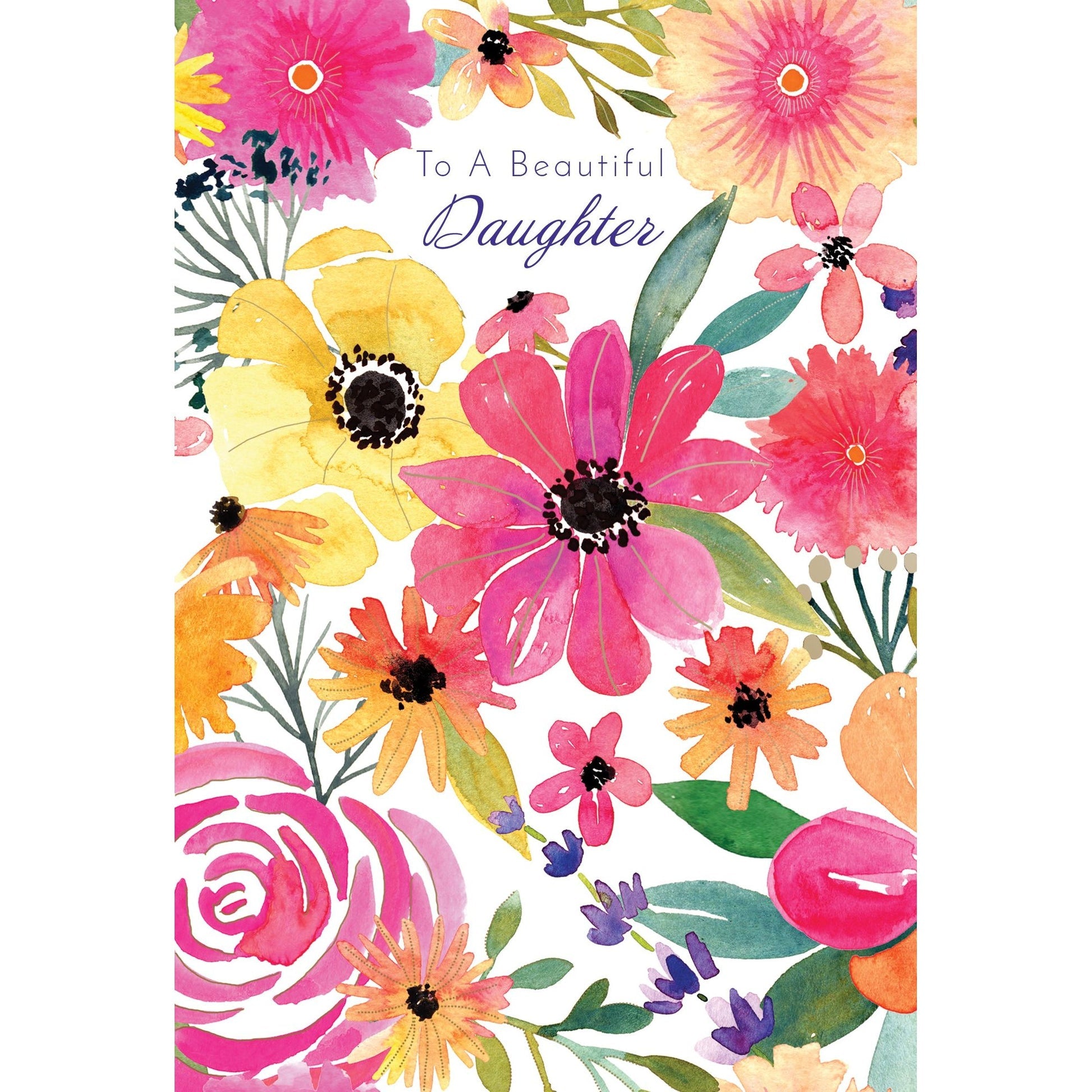 Pink foil greeting card with yellow flowers and glitter text wishing a daughter happy birthday.