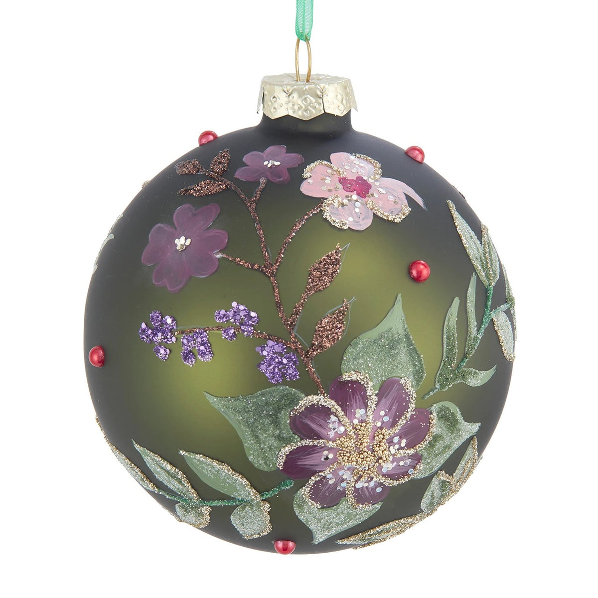 Glass green ball ornament with hand-painted purple and pink flowers, glitter leaves, and red beads.