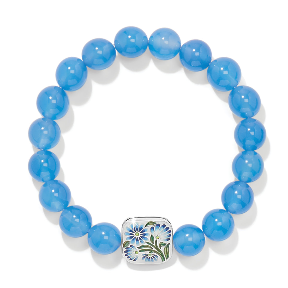 Sydney Daisy Blue Stretch Bracelet with dyed blue agate beads and a silver-plated floral charm.