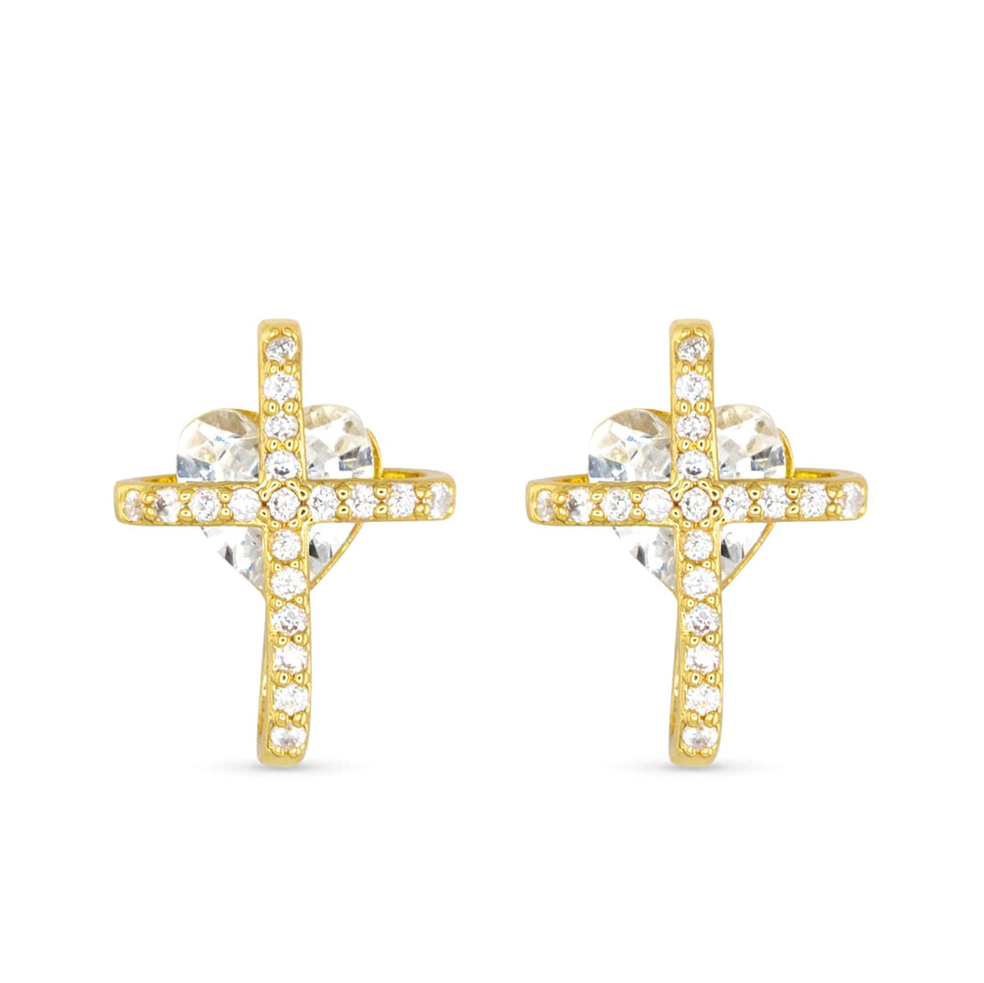 Gold cross stud earrings with cubic zirconia accents and a heart-shaped crystal center.