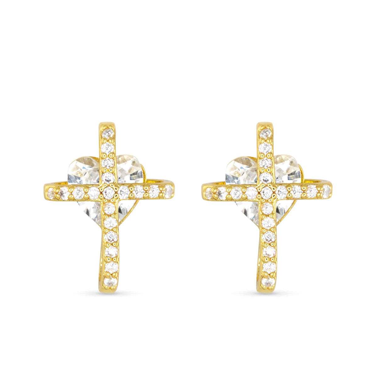 Gold cross stud earrings with cubic zirconia accents and a heart-shaped crystal center.