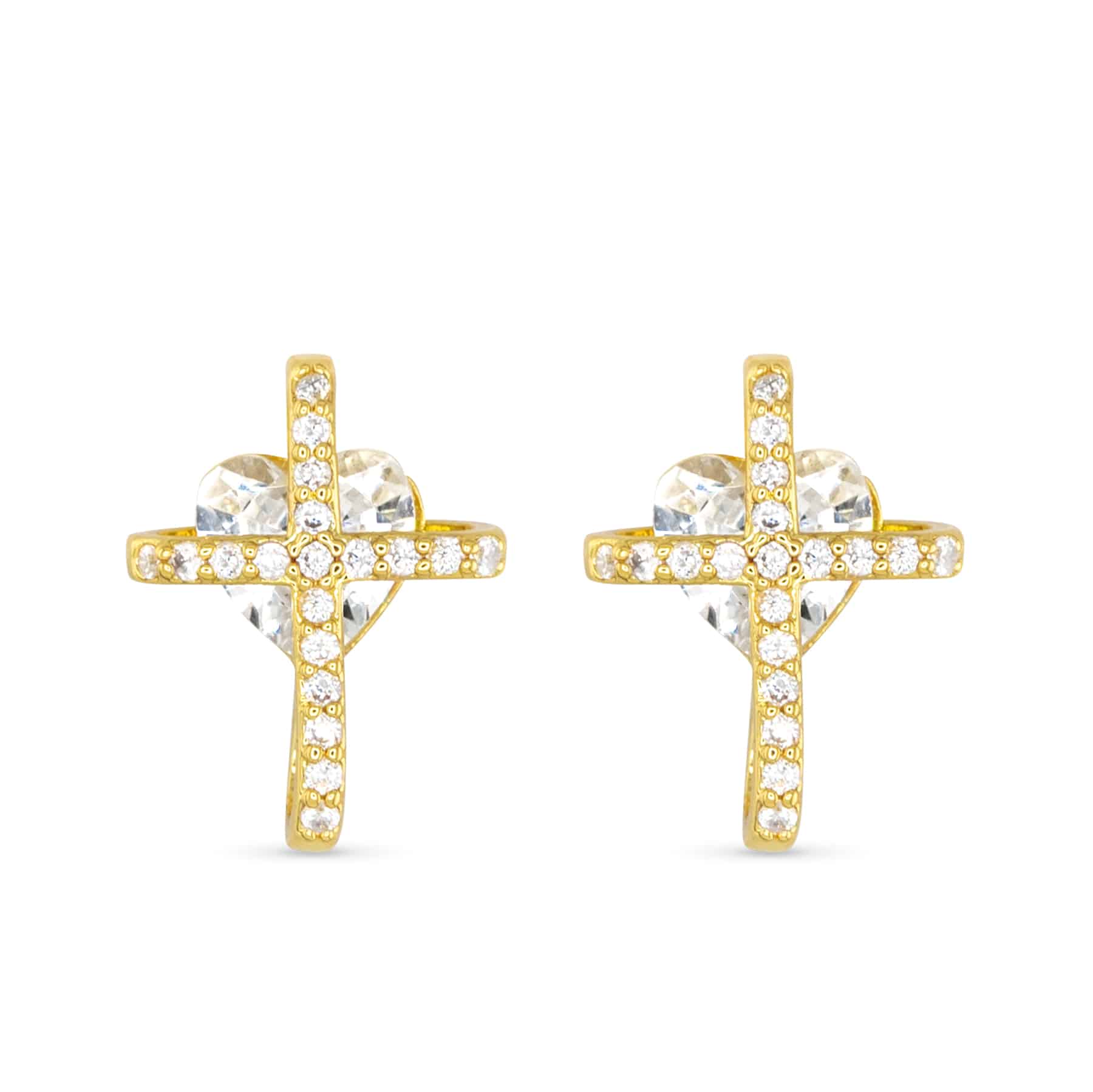 Gold cross stud earrings with cubic zirconia accents and a heart-shaped crystal center.