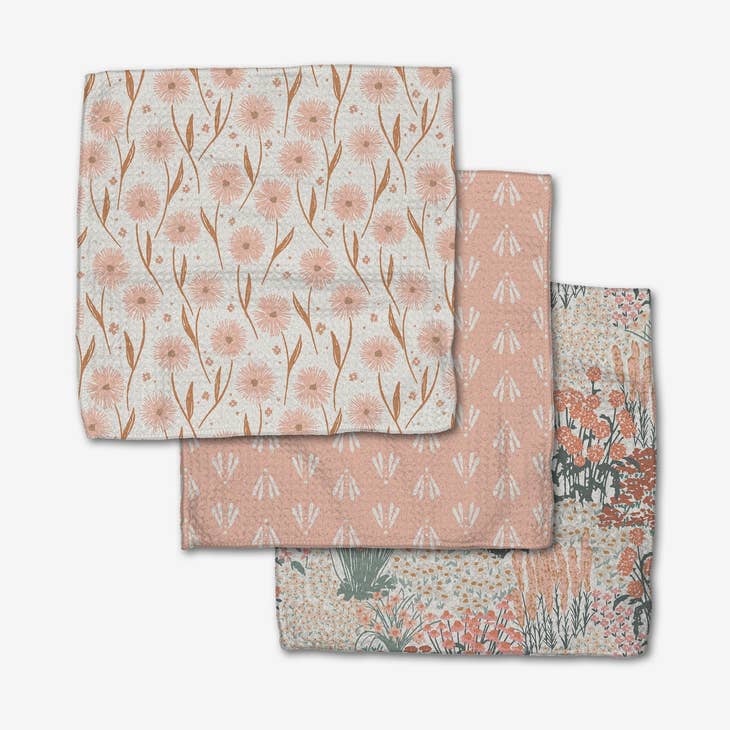 Set of three waffle weave dishcloths in recycled polyester with single-sided prints and hang loops.