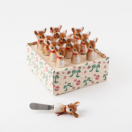Ceramic Tinsel Town Deer spreader with a silver tinsel pattern on white.