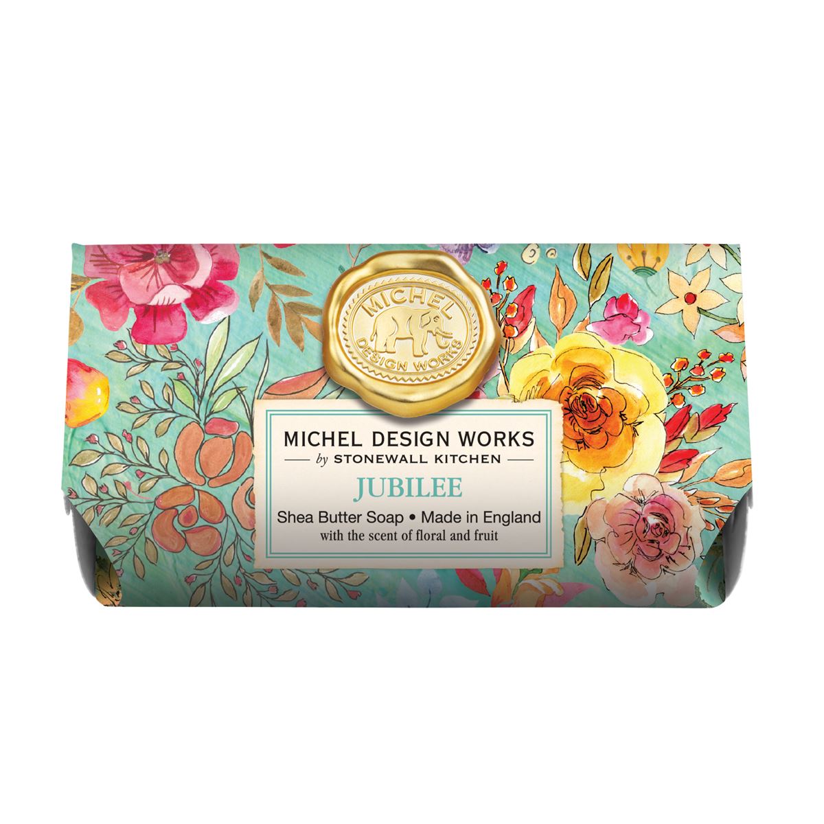 Michel Design Works Jubilee shea butter soap bar with a floral pattern on a teal background.