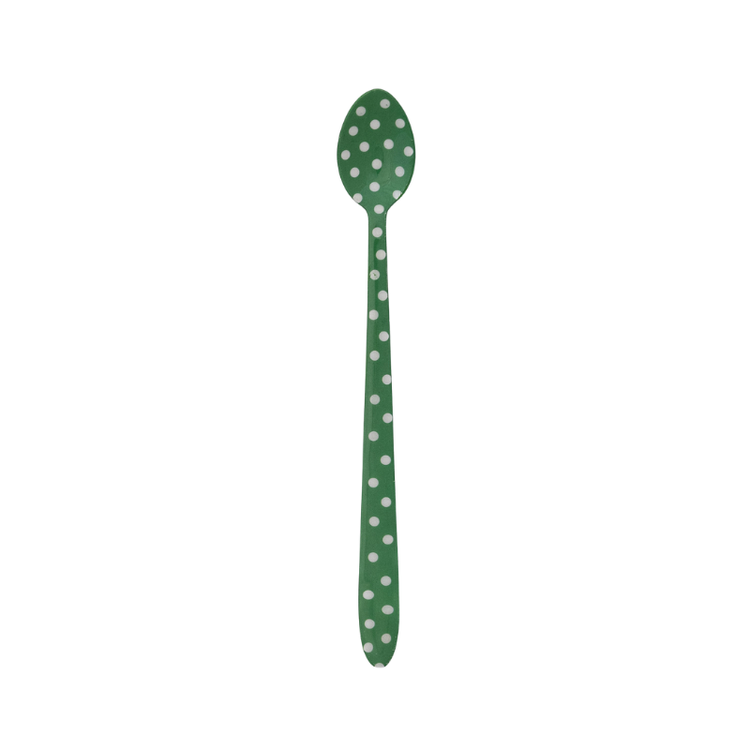 Green enameled stainless steel cocktail spoon with white polka dots.
