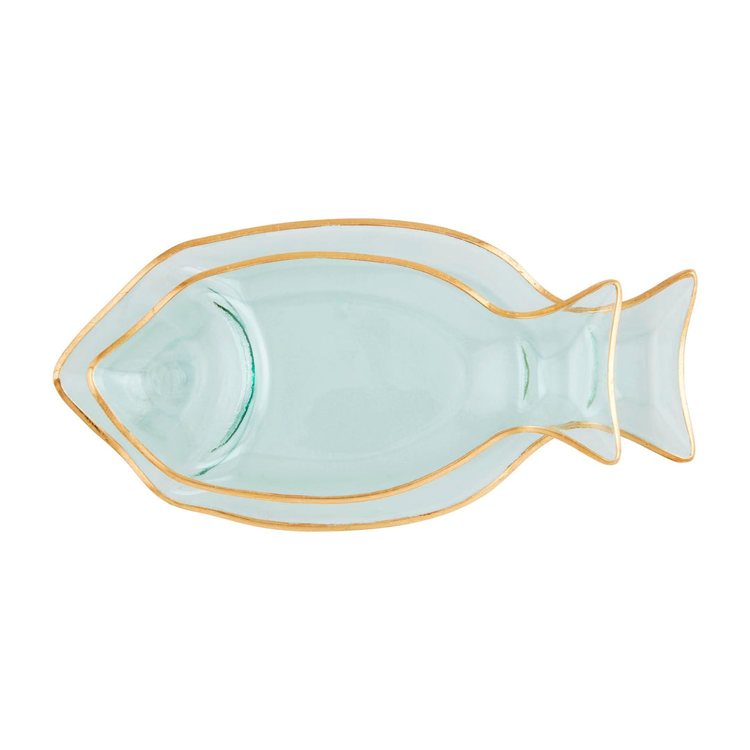 Set of two light blue glass fish-shaped trays with gold-painted rims, nested together.