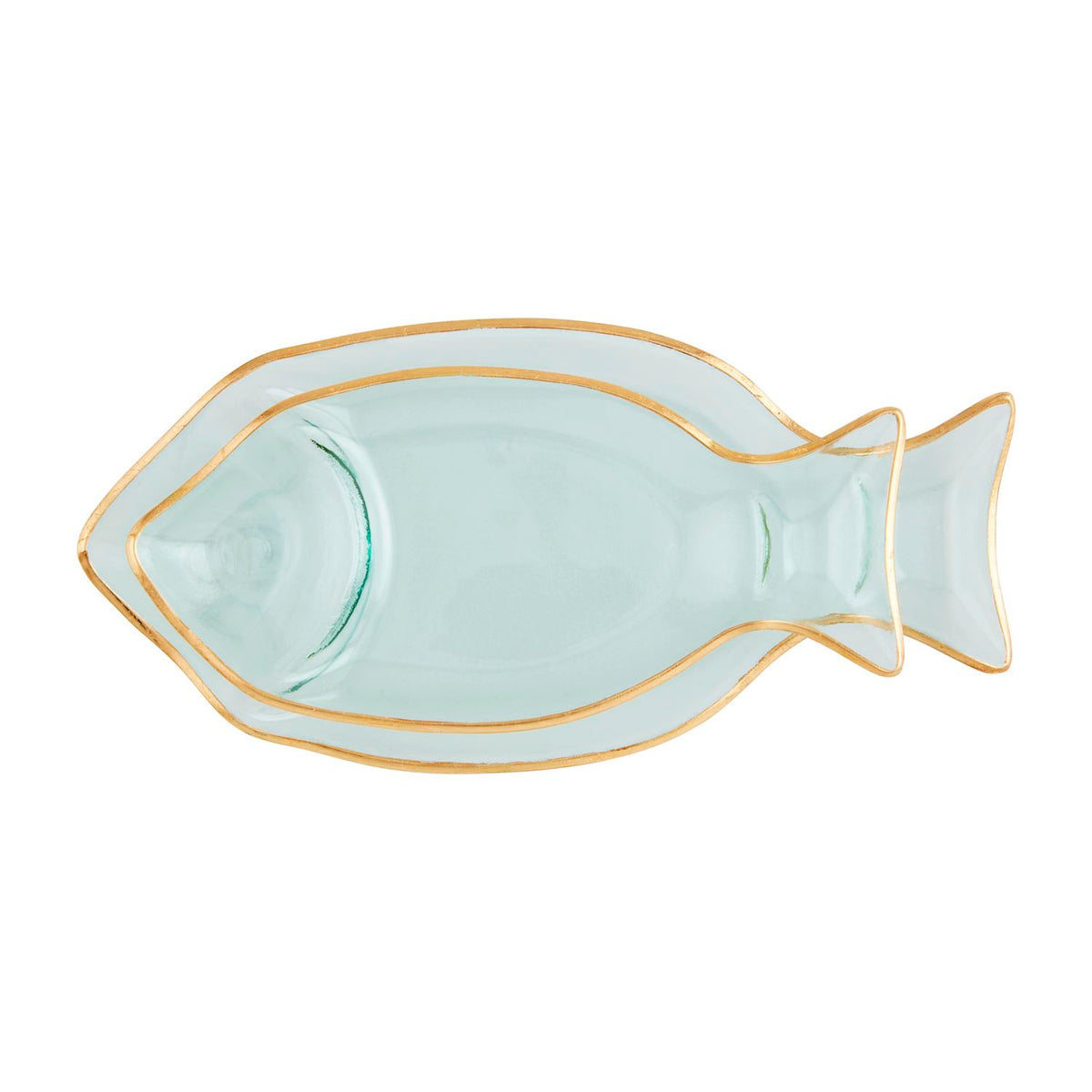 Set of two light blue glass fish-shaped trays with gold-painted rims, nested together.