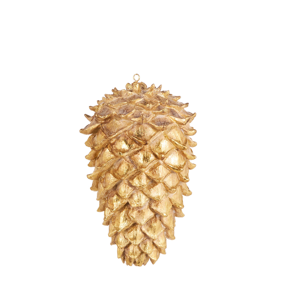 Gold glittered pinecone ornament made of resin with a metallic finish and hanging loop.
